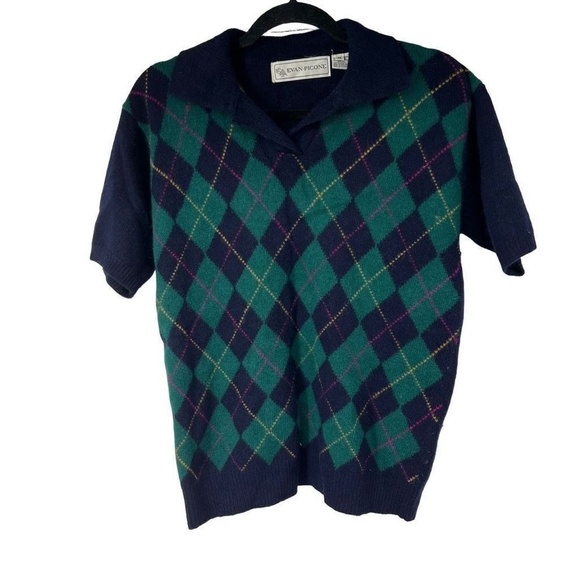 Vintage Blue Green Argyle Lambs Wool Angora Short Sleeve Collared  Sweater - Picture 1 of 7